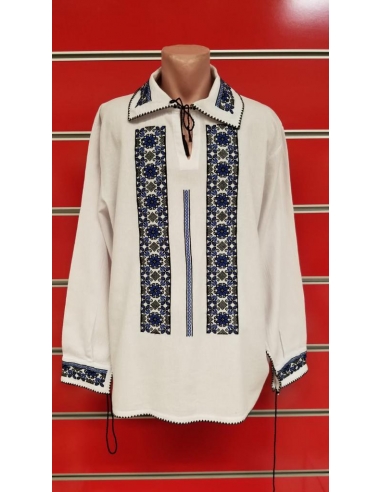 Ie Stilizată cu Motive Tradiționale Albă cu Broderie Albastră