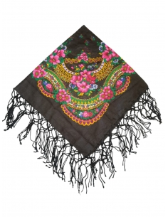 Batic traditional cu ciucuri si flori negru dimensiune 75x75cm