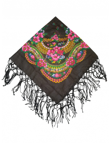 Batic traditional cu ciucuri si flori negru dimensiune 75x75cm