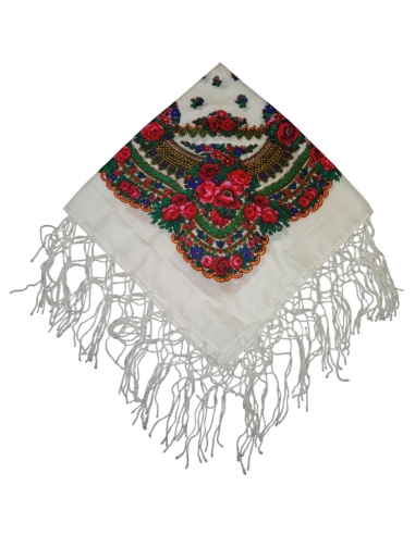 Batic traditional cu flori si ciucuri alb dimensiuni 75x75cm