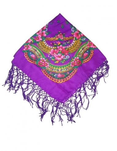 Batic traditional cu flori si ciucuri mov dimensiuni 75x75cm