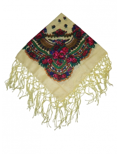 Batic traditional cu flori si ciucuri bej dimensiuni 75x75cm