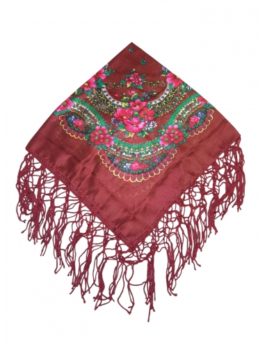 Batic traditional cu flori si ciucuri bordo dimensiuni 75x75cm