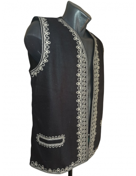 vesta romaneasca traditionala neagra cu broderie bej disponibila in marimi S,M,L,XL,XXL,3XL,4XL