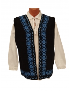 Vesta traditionala neagra cu motive geometrice albastre