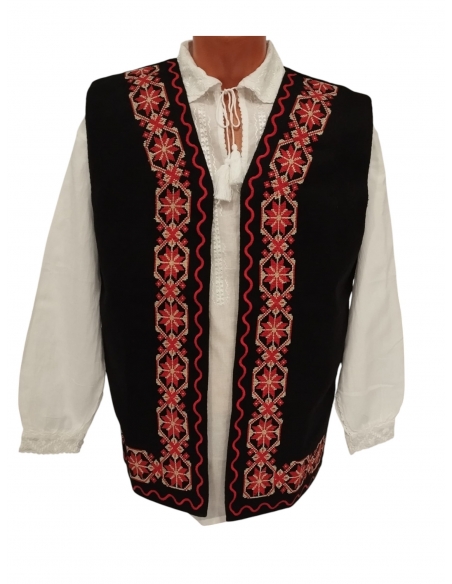 Vesta traditionala neagra cu motive geometrice rosii