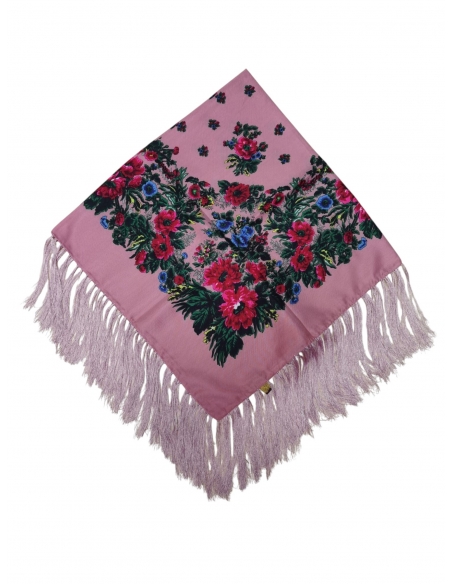 Batic tradițional roz pudră cu franjuri și flori – 98x98 cm
