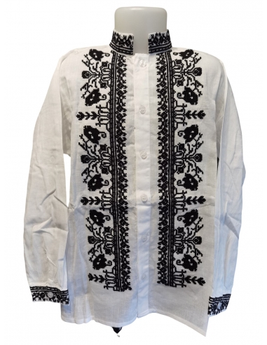 Cămașă Tradițională Băieți cu Guler Tunică și Broderie Neagră – Bumbac 100% (0-16 ani)