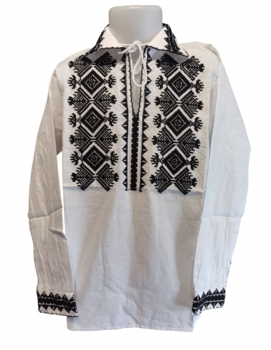 Cămașă Tradițională Băieți cu Guler Clasic și Șiret – Broderie Romboidală Neagră, Bumbac 100% (0-16 ani)