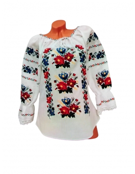 Ie Tradițională Damă cu Broderie Florală Roșie și Albastră – Mărimi S-3XL – Bumbac 100%