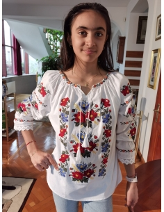 Ie Tradițională Damă cu Broderie Florală Roșie și Albastră – Mărimi S-3XL