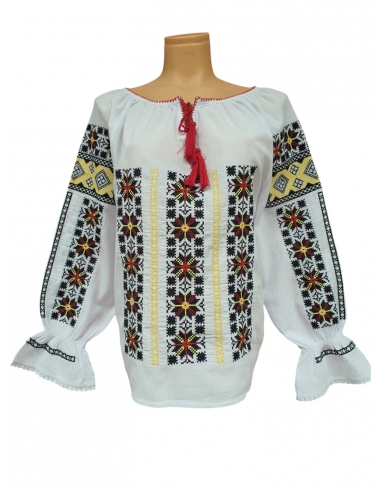 Ie Românească Tradițională cu Broderie la Război – Model Geometric Multicolor, Mărimi L-2XL