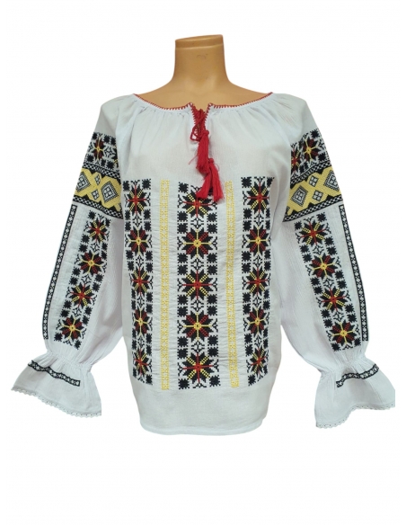 Ie Românească Tradițională cu Broderie la Război – Model Geometric Multicolor, Mărimi L-2XL