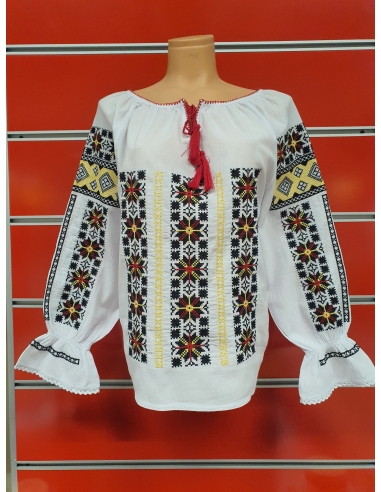 Ie Românească Tradițională cu Broderie la Război – Model Geometric Multicolor, Mărimi L-2XL