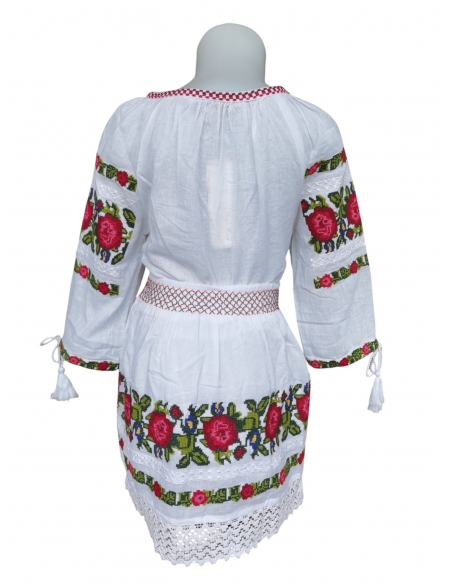 Costum Tradițional Fetiță - Ie Albă cu Broderie și Fustă Asortată, 0-16 Ani