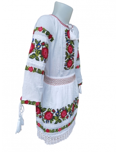 Costum Tradițional Fetiță - Ie Albă cu Broderie și Fustă Asortată, 0-16 Ani