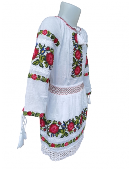 Costum Tradițional Fetiță - Ie Albă cu Broderie și Fustă Asortată, 0-16 Ani