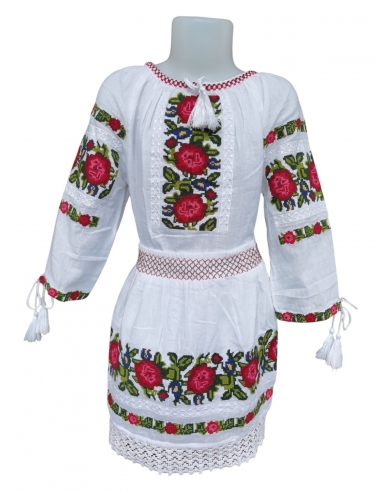 Costum Tradițional Fetiță - Ie Albă cu Broderie și Fustă Asortată, 0-16 Ani