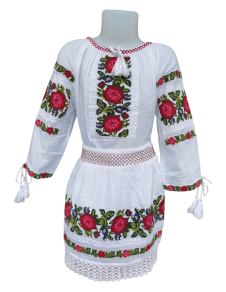 Costum Tradițional Fetiță - Ie Albă cu Broderie și Fustă Asortată, 0-16 Ani