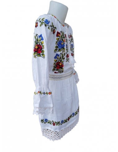 Costum Tradițional Fetiță - Ie Albă cu Broderie și Fustă Asortată, 0-16 Ani