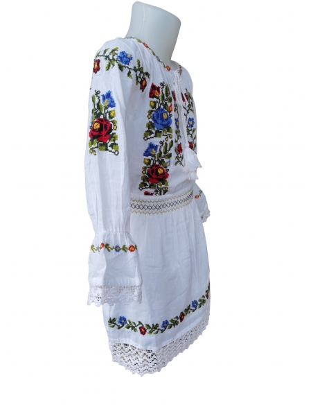 Costum Tradițional Fetiță - Ie Albă cu Broderie și Fustă Asortată, 0-16 Ani
