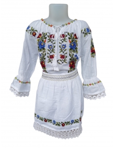 Costum Tradițional Fetiță - Ie Albă cu Broderie și Fustă Asortată, 0-16 Ani
