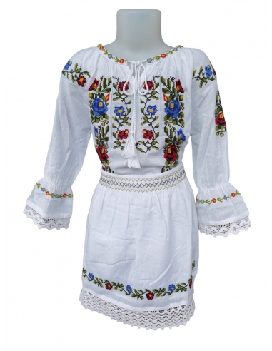 Costum Tradițional Fetiță - Ie Albă cu Broderie și Fustă Asortată, 0-16 Ani