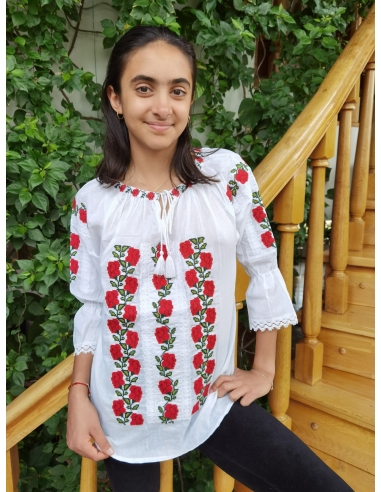 Ie Tradițională Damă – Albă, Broderie Florală Roșie, Mâneci Trei Sferturi