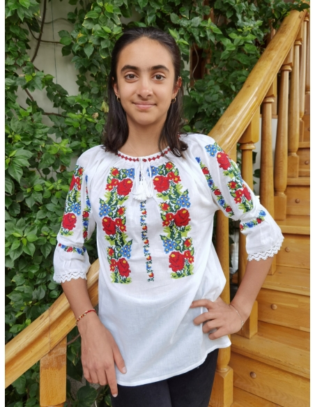 Ie Tradițională Albă din Bumbac cu Broderie Geometrică/Florală – Mâneci Trei Sferturi