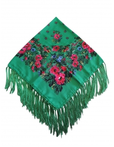 Batic traditional verde inflorat cu franjuri
