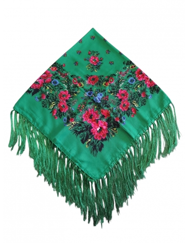 Batic traditional verde inflorat cu franjuri