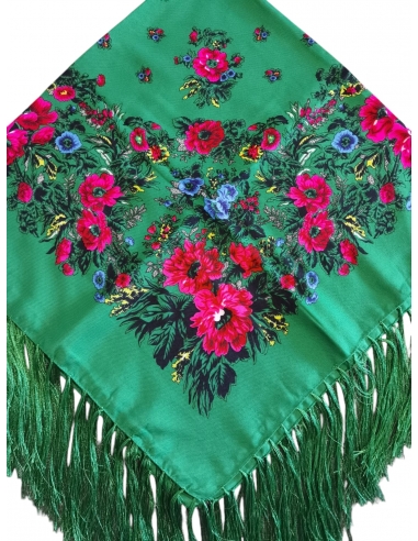 Batic traditional verde inflorat cu franjuri