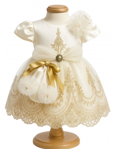 Rochiță de botez fetiță ivory cu broderie aurie + botoșei + bentiță | Set elegant 3-9 luni