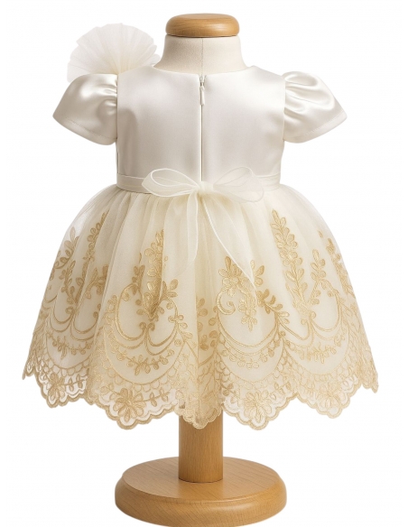 Rochiță de botez fetiță ivory cu broderie aurie + botoșei + bentiță | Set elegant 3-9 luni