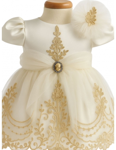 Rochiță de botez fetiță ivory cu broderie aurie + botoșei + bentiță | Set elegant 3-9 luni