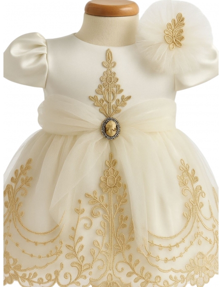 Rochiță de botez fetiță ivory cu broderie aurie + botoșei + bentiță | Set elegant 3-9 luni
