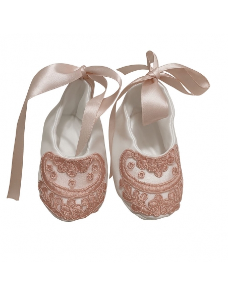 Rochiță de botez fetiță ivory cu broderie roz + botoșei + bentiță | Set elegant 3-9 luni