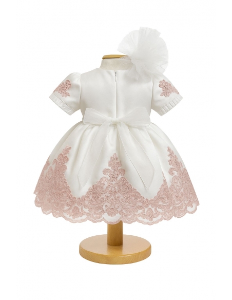 Rochiță de botez fetiță ivory cu broderie roz + botoșei + bentiță | Set elegant 3-9 luni