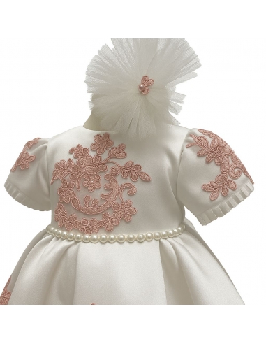Rochiță de botez fetiță ivory cu broderie roz + botoșei + bentiță | Set elegant 3-9 luni