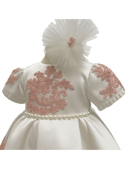 Rochiță de botez fetiță ivory cu broderie roz + botoșei + bentiță | Set elegant 3-9 luni