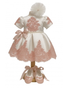 Rochiță de botez fetiță ivory cu broderie roz + botoșei + bentiță | Set elegant 3-9 luni