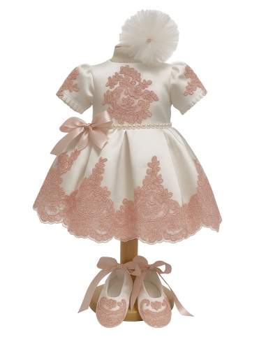 Rochiță de botez fetiță ivory cu broderie roz + botoșei + bentiță | Set elegant 3-9 luni