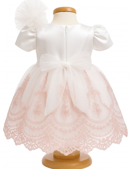 Rochiță botez fetiță roz pudrat cu broderie + botoșei + bentiță | Set elegant 3-9 luni