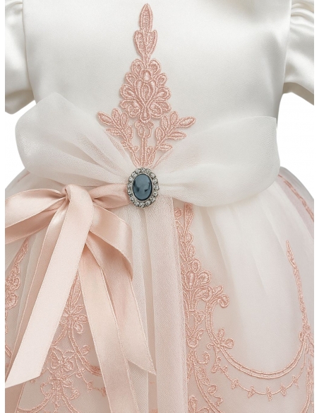 Rochiță botez fetiță roz pudrat cu broderie + botoșei + bentiță | Set elegant 3-9 luni
