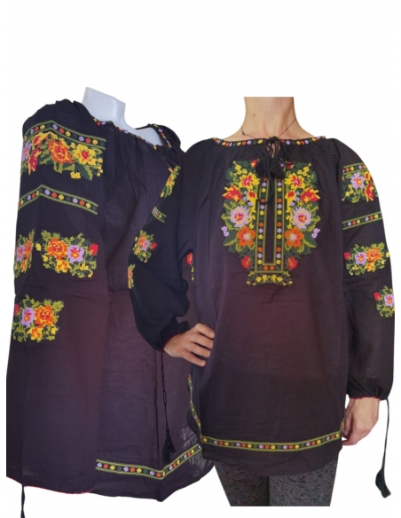 Ie Tradițională Românească Neagră – Broderie cu Motive Florale Multicolore