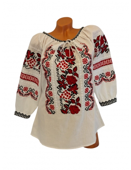 Ie Tradițională Românească de Damă – Broderie Roșie cu Flori și Motive Populare – Mărimi S-3XL