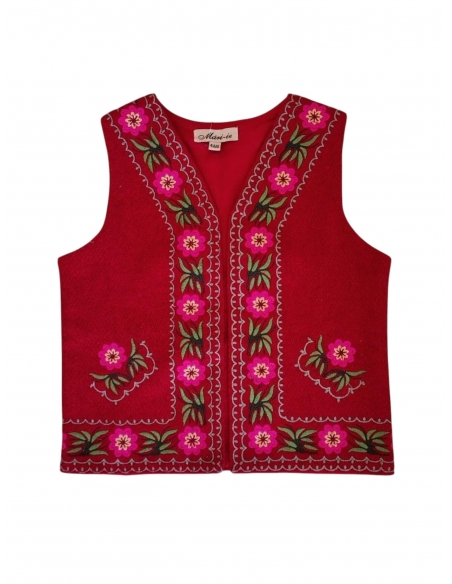 Vestă Tradițională Românească Fetițe – Roșie cu Broderie Florală – Mărimi 0-16 Ani
