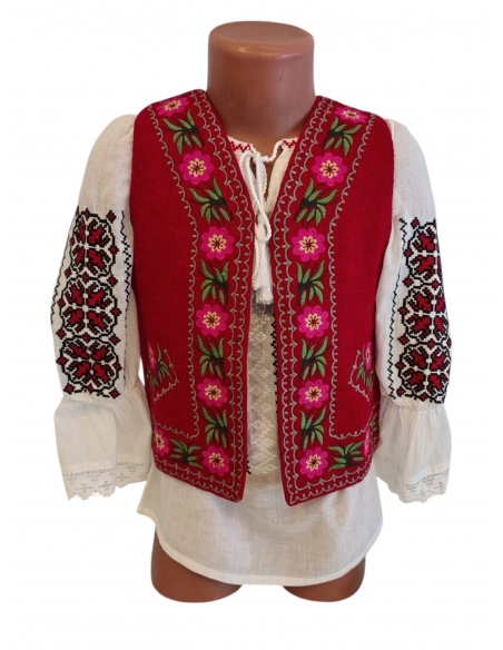 Vestă Tradițională Românească Fetițe – Roșie cu Broderie Florală – Mărimi 0-16 Ani