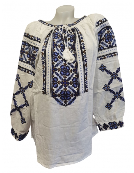 Ie Tradițională Românească cu Broderie Albastră – Model Autentic, Mărimi S-3XL