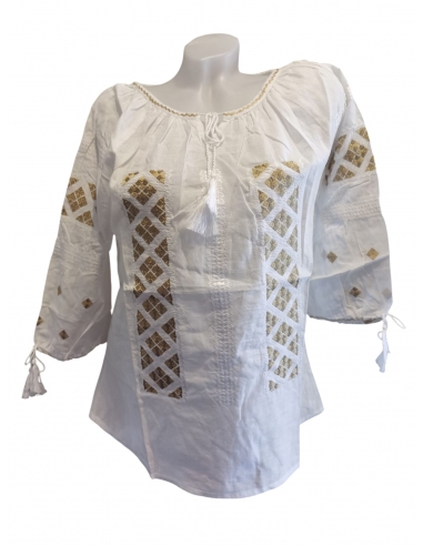 Ie românească tradițională cu broderie bej și mânecă trei sferturi – mărimi S-3XL